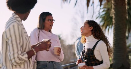 Canvas Print - Students, conversation and college with friends on campus for learning, education and diversity. Community, scholarship and future with group of women in university for school, studying and morning