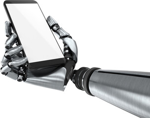 Poster - Digital png illustration of robot hand using smartphone with blank screen on transparent background