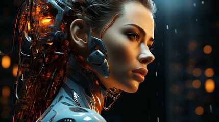 Poster - Connection of human woman and artificial intelligence robot. The concept of merging a person and a computer with neural networks in the future. AI generated