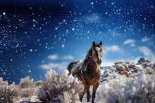 Beautiful Portrait Of A Brown Horse On A Winter Wonderland, Snow Falling