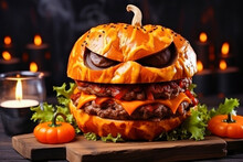 Photo Of A Jack-o-lantern Shaped Hamburger For Halloween. Halloween Hamburger. Festive Meal. Jack Lantern.