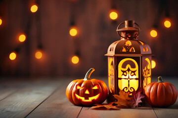 Sticker - Halloween pumpkin head jack lantern on wooden background.