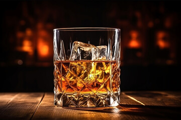 Wall Mural - Whiskey in glass with cubes of ice on dark wooden rustic background, close up.