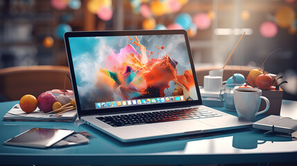 Poster - Photo of office table top view with laptop coffee cup and smartphone. Generative Ai