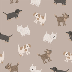  Seamless vector pattern with different  dogs. Vector hand-drawn doodles.Children illustrations in beige colors on brown background