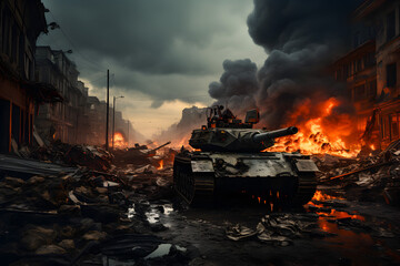 Wall Mural - destroyed town with collapsing structures and tank after war.