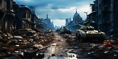 Wall Mural - destroyed town with collapsing structures and tank after war.
