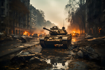 Wall Mural - destroyed town with collapsing structures and tank after war.