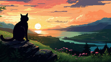 Cat In The Sunset, Wallpaper, Landscape, Vector, Art, Animal, Novel