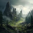 Paysage de Fantasy, montagnes et forêt de sapin au milieu des brumes et ruines sur un rocher