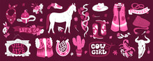 Set On The Theme Of Women In The Wild West. Cowgirl Accessories And Attributes. Bright Pink Shades And Fashionable Style. Barbiecore And Lettering. Vector Illustration Isolated On A Dark Background.