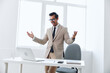 Man technology person business manager businessman office happy internet portrait suit winner laptop job