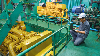 Asian engineer using laptop computer to checking engine quality system in engine room of nautical ship