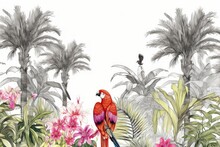 Seamless Border Oleander And Hibiscus Flowers In Palms With Exotic Birds And Leopard, Parrots And Wild Animals In Tropics, Toile Panorama View Wallpaper, Generative AI