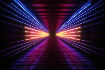 Wall Mural - vibrant abstract cl light glow room show Laser graphic figure shape dark box tunnel laser 3d background light render wallpaper electric neon illustration glow space neon Geometric stage perspective