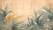 vintage style art painted tropical leaves on a textured shabby background wall mural in the interior, Generative AI