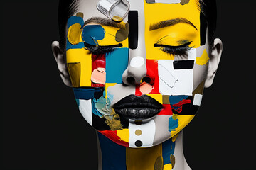 Wall Mural - Beauty, fine art, fashion concept. Abstract modern art collage of woman portrait made of various and colorful geometric shapes and paint strokes. Generative AI