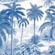 Seamless Pattern Blue and White Cobalt Tropical Jungles with Palms and Mountains, Blue Rainforest Toile Print, Tropical Engraving Illustration Wallpaper, Classic Hand Drawn Landscape, Generative AI