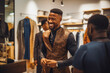 © Katrin Kovac - African man trying on suit for wedding. Happy groom excited smile for wedding, happiness and marriage. Generative AI