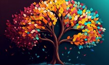 Elegant Colorful Tree With Vibrant Leaves Hanging Branches Illustration Background. Bright Color 3d Abstraction Wallpaper For Interior Mural Painting Wall Art Decor, Generative AI