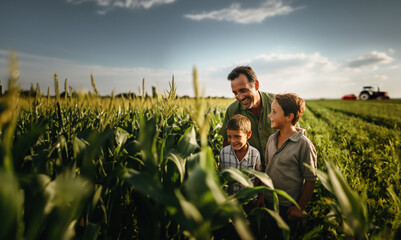 a farmer and his two sons examine the future corn harvest. a tractor in the background. generative a