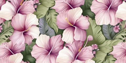 Wall Mural - Hibiscus floral background, seamless pattern, luxury wallpaper. Tropical green leaves, delicate romantic flowers, pink, beige, purple, white gypsophila. Watercolor 3d illustration, Generative AI