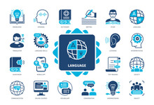 Language Icon Set. Dictionary, Communication, Knowledge, Vocabulary, Translator, Text Reading, Writing, Online Courses. Duotone Color Solid Icons
