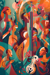 People play musical instruments, colorful abstraction