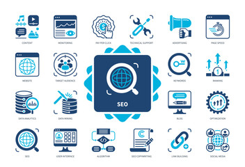 Poster - SEO icon set. Optimization, Target Audience, Schedule, Pay per Click, Optimization, Social media, Keywords, Monitoring, Website. Duotone color solid icons