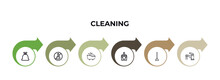 Trash Bag, Preservatives, Bathtub Cleaning, Washing Clothes, Plunger, Tap Outline Icons. Editable Vector From Cleaning Concept. Infographic Template.