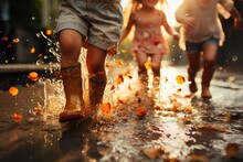 Happy, Many Children Wore Rain Boots Jump And Play In The Puddles When It's Raining Around.