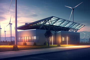 Wall Mural - solar panels and wind turbines at sunset. renewable energy concept. 3d rendering
