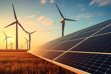 Wall Mural - solar panels and wind turbines at sunset. renewable energy concept. 3d rendering