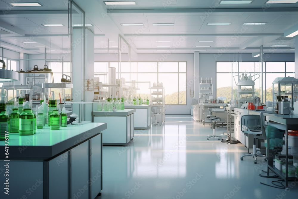 Science laboratory interior with equipment and science experiments. 3d rendering toned image ...