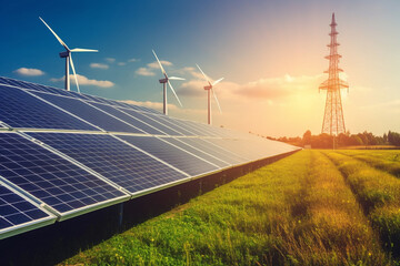 Wall Mural - solar panels and wind turbines generating electricity at sunset. alternative energy source.