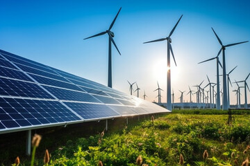 Wall Mural - solar panels and wind turbines generating electricity at sunset. alternative energy source.