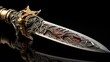 The intricate carving on the hilt of a sword