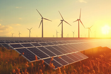 Wall Mural - solar energy panels and wind turbines at sunset, alternative energy concept