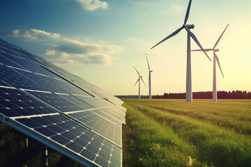 Wall Mural - solar energy panels and wind turbines at sunset, alternative energy concept