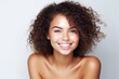 attractive heathy skincare concept beatiful smiling portrait shot of young adult woman afro hair style skincare shooting studio shot on white background beauty concept
