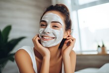 Attractive Cheerful Smiling Young Woman Applying Face Mask Skin Healthy And Treatment Therapy In Fornt Of Bathroom Mirror Morning Freshness Lifestyle At Home