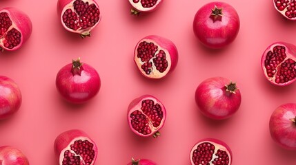 Wall Mural - Fresh pomegranate pattern, top view, flat lay, on pink background.