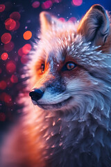 Sticker - a vibrant colored snow fox, zoomed in close up, intricate details