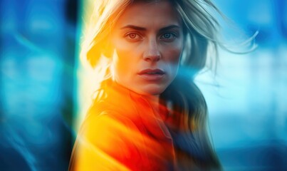 Portrait of blonde woman with intense look standing under blue and orange lights