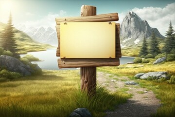  Natural landscape with blank wooden sign board in the jungle to write something, advertising