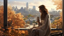 Model In An Oversized Sweater, Sipping A Cup Of Coffee On A Balcony, With The Backdrop Of A City Park Transformed By Autumn Foliage