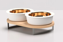 Empty White Pets Bowls On A Stand On White Background. Metal Cat Or Dog Bowl.