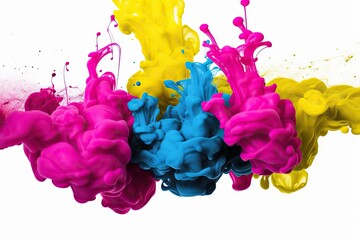 Wall Mural - injection cloud c yellow design colours liquid subtractive creative cyan cmyk black print symbol cmyk color paint color splashes ink pigment blending water CMYK isolated magenta ink splash abstract