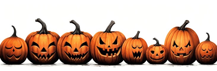 Lined pumpkins in a Halloween-style on a white background. Generative AI