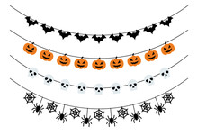 Bunting Set With Pumpkins, Bats, Spiders And Skulls. Garlands For Halloween. Isolated Vector And PNG On Transparent Background.